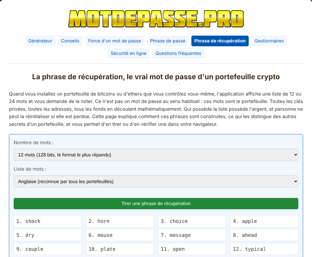 Le générateur de phrase de récupération de Motdepasse.pro, avec une phrase de 12 mots affichée en grille